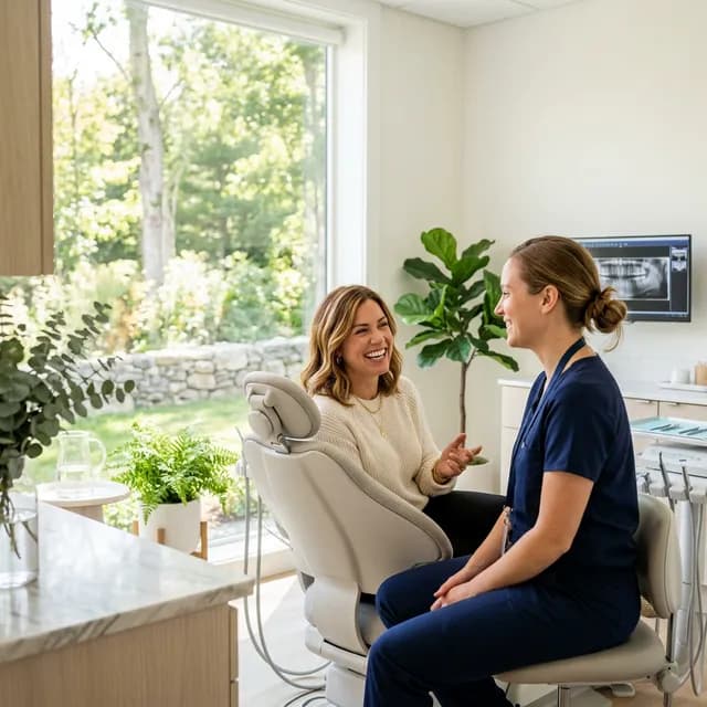 Dental professional in dark blue scrubs consulting with patient in light-colored clothing in modern bright dental office with window view and wall-mounted x-ray monitor.