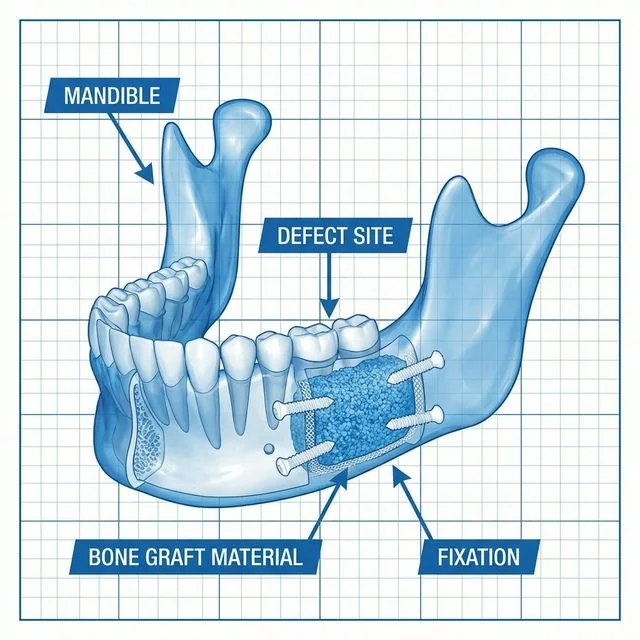 Anatomical diagram of mandible showing bone graft material and fixation placement at a surgical defect site.