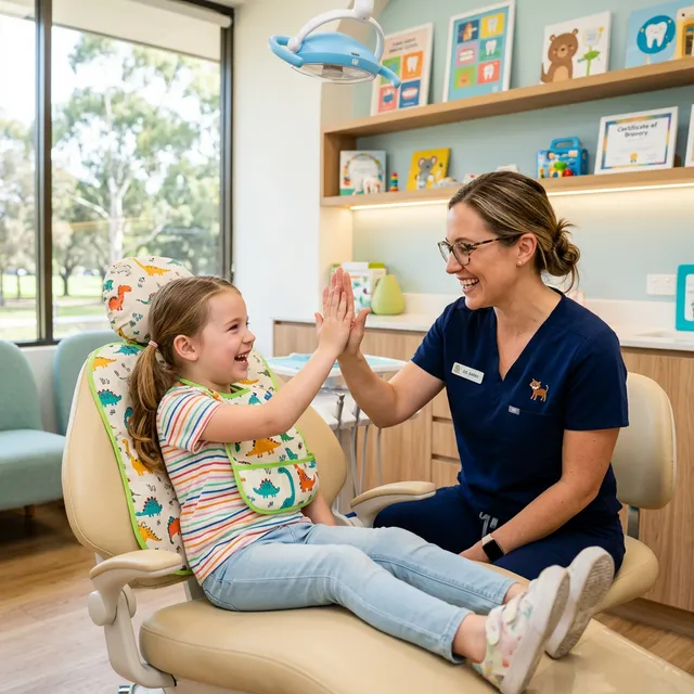 A young child holds a colorful toothbrush alongside a parent's hand, representing a gentle pediatric dentist visit.
