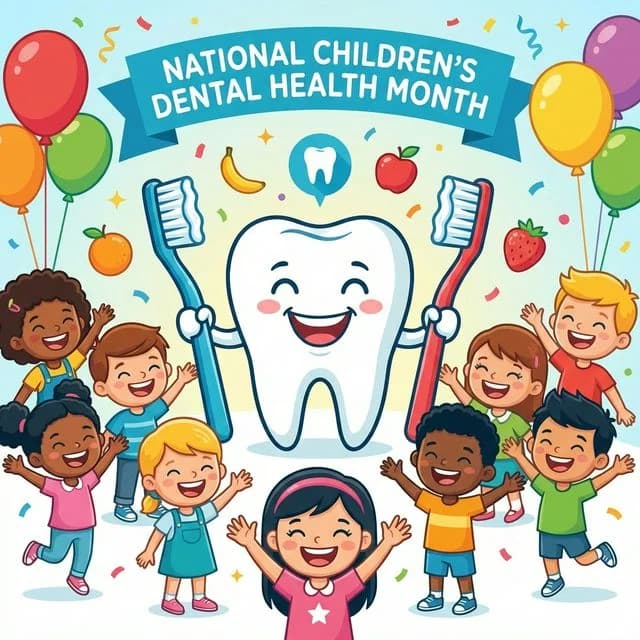 Smiling tooth character with toothbrushes surrounded by happy children, balloons, and healthy foods including apple and banana.