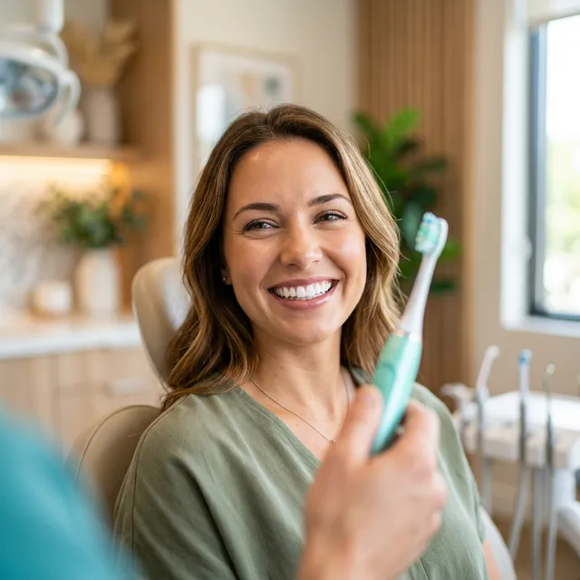 Woman in sage green shirt smiling while holding a mint toothbrush in a modern dental office setting.