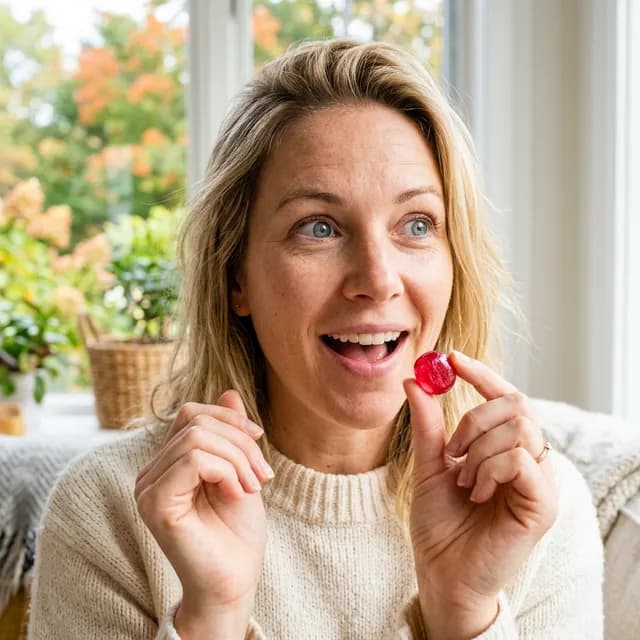 Woman in cream sweater smiling confidently while holding a fresh red raspberry near her mouth.