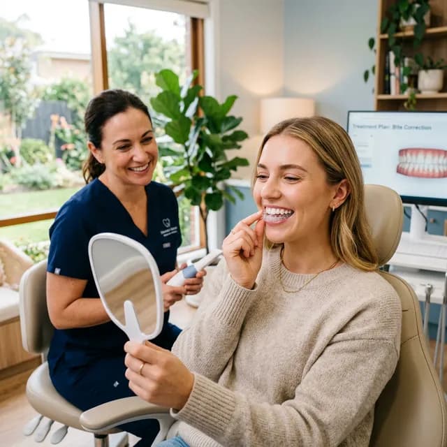 Woman in cream sweater holds white mirror to examine her smile while dental professional in navy scrubs stands beside her in bright modern dental office.