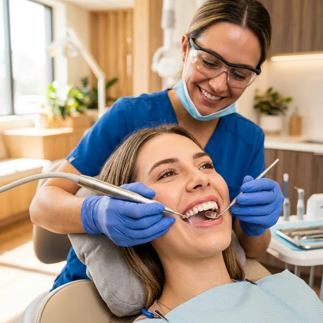 Dental hygienist in blue scrubs with glasses performing a scaling procedure on a patient in a bright, warmly-designed clinical treatment room.