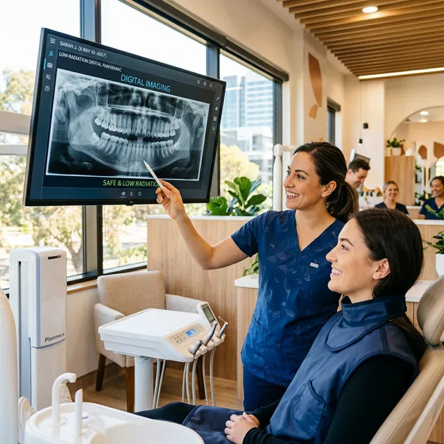 Dentist reviewing a dental X-ray on a monitor, the imaging used to find extra (supernumerary) teeth in hyperdontia.