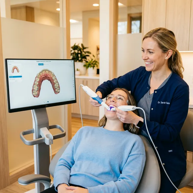 Dentist holding intraoral scanner wand above patient in dental chair, with 3D dental model displayed on monitor.