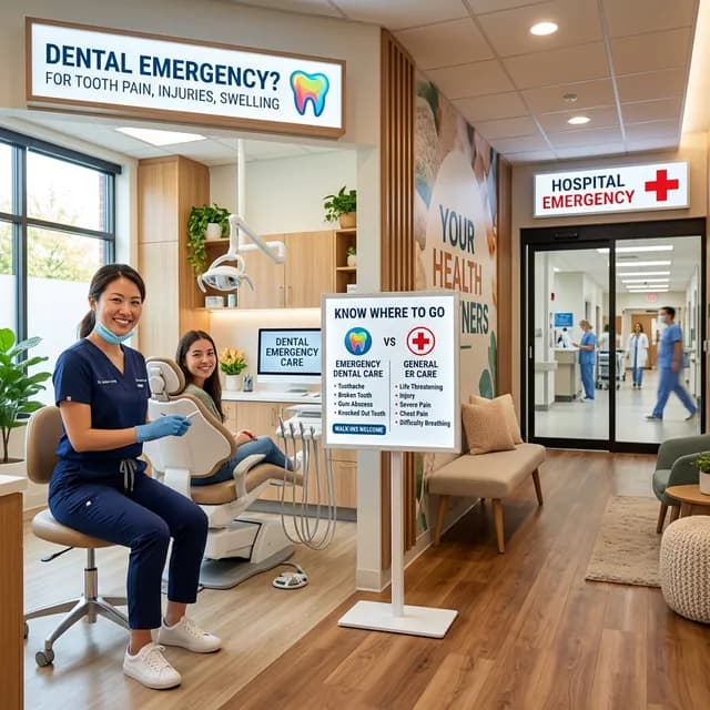 Female dentist in navy scrubs at dental chair on left, with signage comparing emergency dental care to hospital ER treatment visible on right.