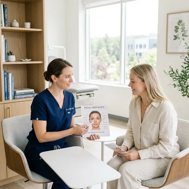 Dentist in navy scrubs discusses a facial aesthetics diagram with a patient in a bright, modern office consultation room.
