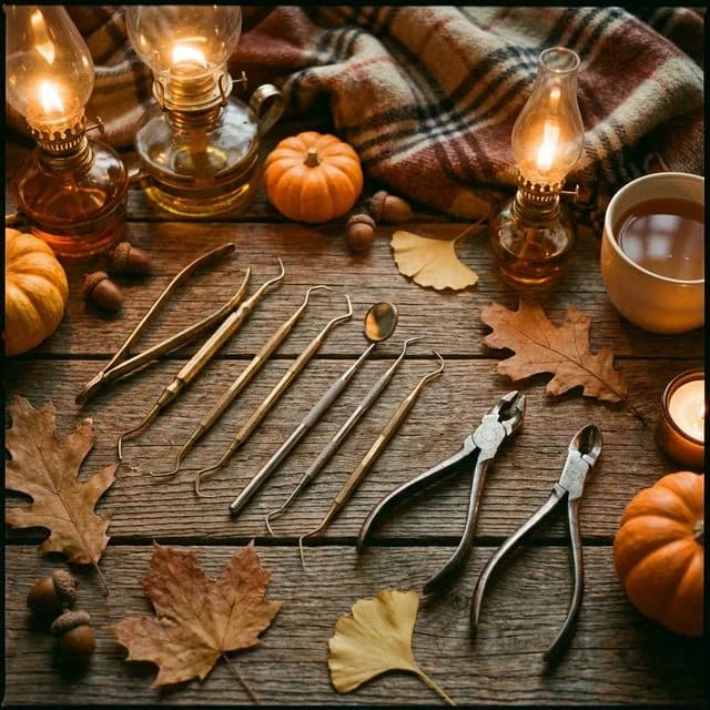 A collection of dental instruments arranged on a wooden surface with autumn styling, including small pumpkins, oak leaves, oil lanterns with candles, and warm plaid fabric.