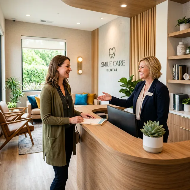 Woman in olive cardigan checking in with receptionist at Smile Care Dental reception desk with wooden finishes, modern lighting, and shelving.