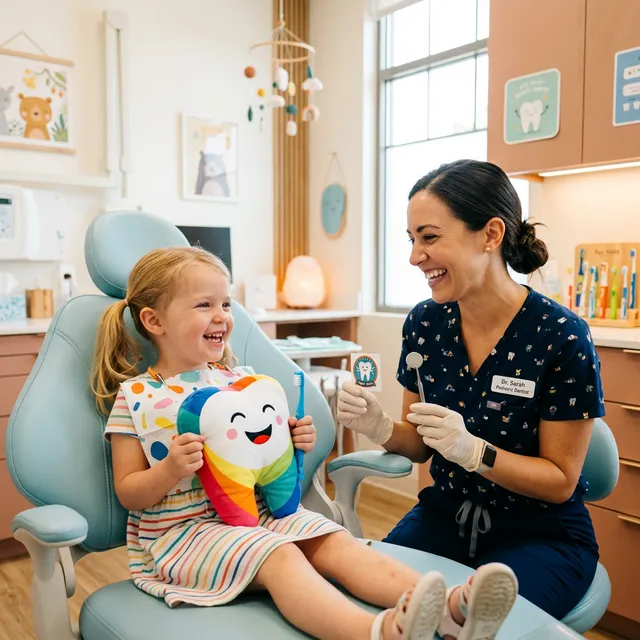 Young girl in dental chair smiling while holding a colorful plush tooth toy, interacting with a dental professional in a bright, welcoming operatory.