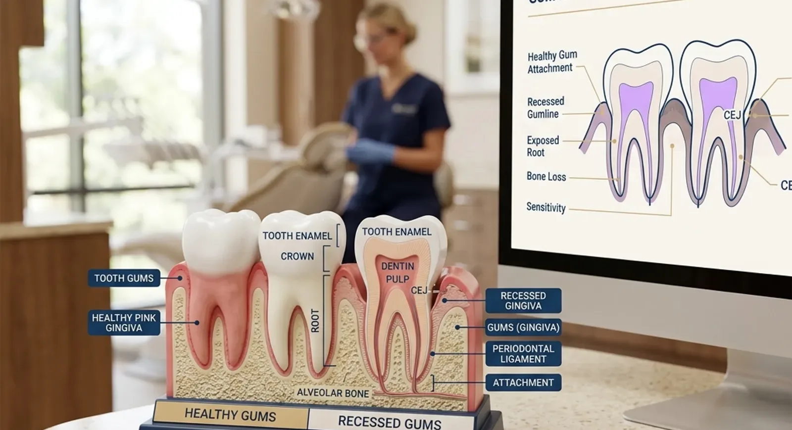Dental model with labeled tooth cross-sections comparing healthy gums to recessed gums, showing bone loss and anatomical structures like dentin, periodontal ligament, and alveolar bone in a clinical setting.