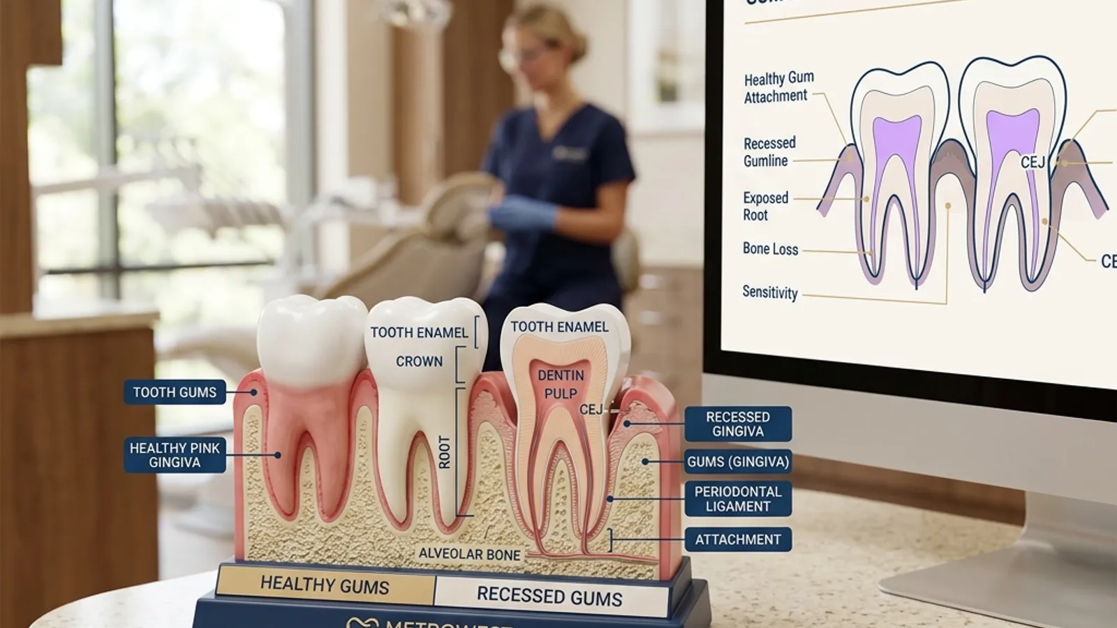 Dental model with labeled tooth cross-sections comparing healthy gums to recessed gums, showing bone loss and anatomical structures like dentin, periodontal ligament, and alveolar bone in a clinical setting.