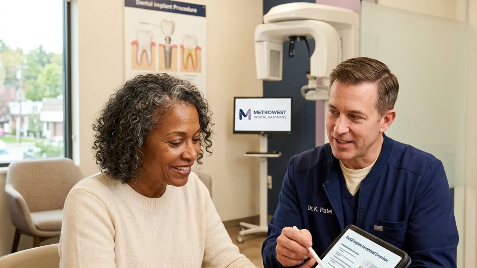Dentist in dark navy jacket showing tablet to smiling patient in beige sweater in dental office with implant procedure diagram and CBCT equipment visible.