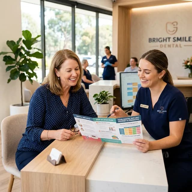 Dental professional in navy scrubs and patient in navy dotted blouse reviewing a colorful treatment plan document at a wooden consultation table in a modern dental office with plants and large windows.