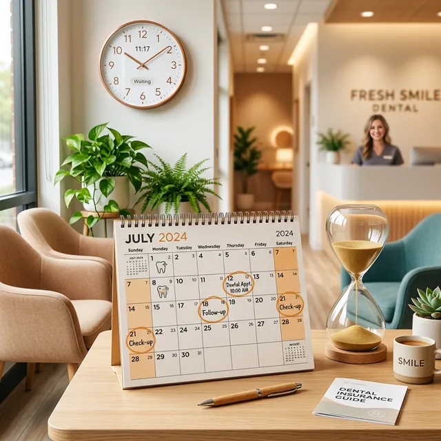 Dental office reception desk with wall clock labeled "Waiting," July 2024 calendar with appointment dates marked, and hourglass displaying sand flow.