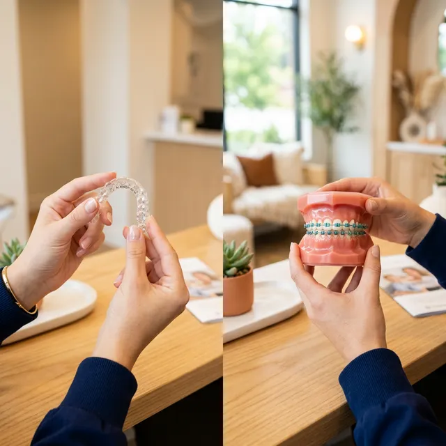 Two unbranded clear aligner trays sit side by side on a neutral surface to compare spark vs invisalign options.