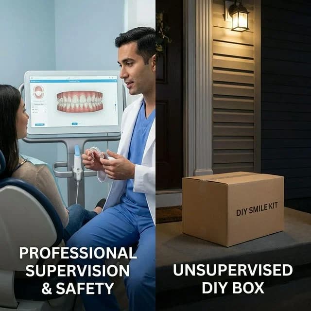 Dentist in blue scrubs reviewing a digital dental scan with a patient in a clinical office, split-screen compared with a cardboard DIY aligner kit box in a home setting.