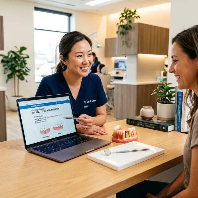 Dentist Dr. Sarah Chen in dark blue scrubs pointing to a laptop displaying tooth replacement information while consulting with a patient at a wooden desk with a dental model.