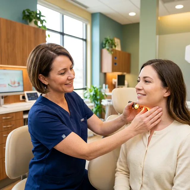 A dentist in navy scrubs gently examines a smiling patients neck and jaw with a handheld light during a head-and-neck screening.
