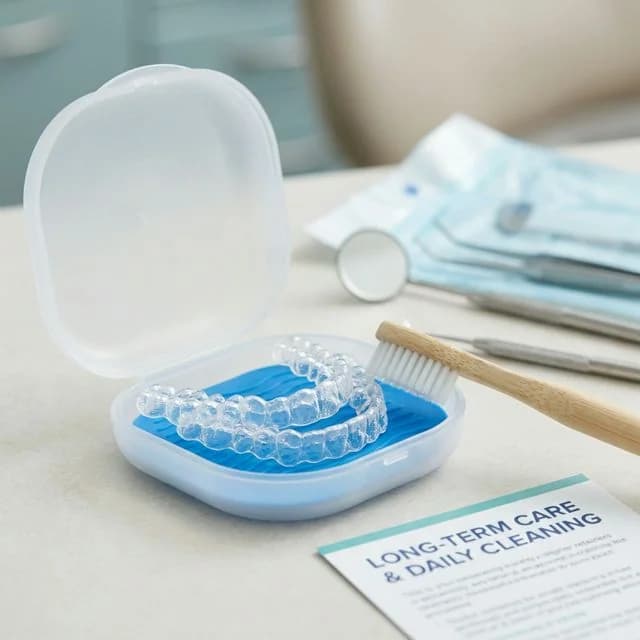 Clear dental retainers in white storage case with blue insert, displayed alongside toothbrush, dental mirror, and care pamphlet.