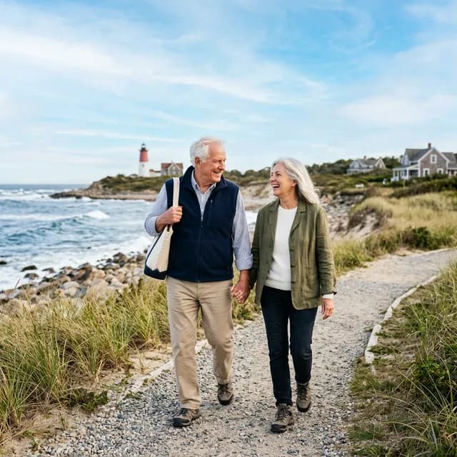 Older man and woman holding hands walking on a gravel coastal path with lighthouse, rocky shore, and seaside homes visible in the background.