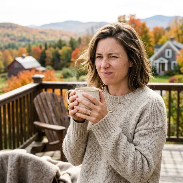Woman wincing while holding a hot beverage on an autumn-view deck, depicting temperature-triggered tooth sensitivity.