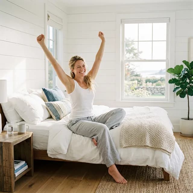 Woman sitting in bed with arms raised in a stretch, conveying restful sleep and morning wellness.