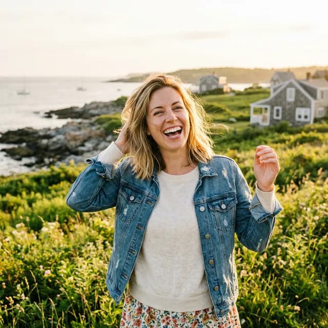 Woman with bright smile in denim jacket against New England coastal landscape with sailboats, cottages, and wildflowers.