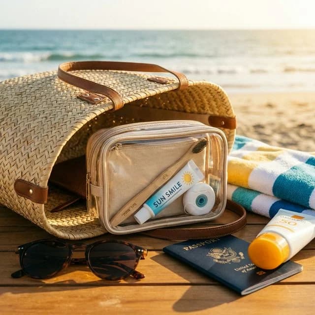 Beach vacation essentials including an open cosmetic pouch with dental care items, sunglasses, passport, sunscreen, and striped towel on a wooden deck.