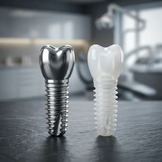 Metallic titanium dental implant on the left and white ceramic zirconia implant on the right, both displaying threaded posts and crown heads on a dark surface.
