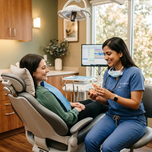 Dentist in blue scrubs with mask around neck consulting with patient in dental chair, holding a tooth model for discussion in modern dental office.