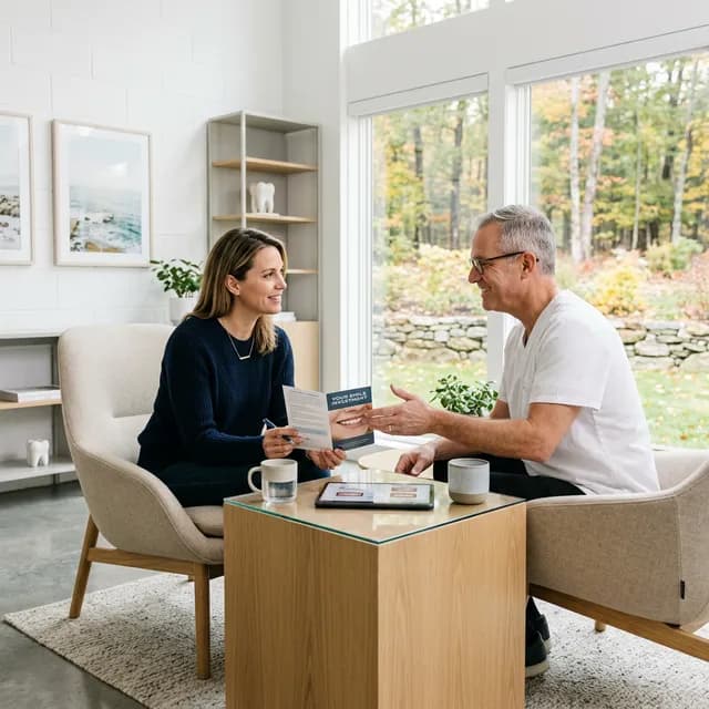 Woman in dark sweater and man in light shirt seated in beige chairs across a wooden table in bright modern office with large windows framing autumn forest landscape.