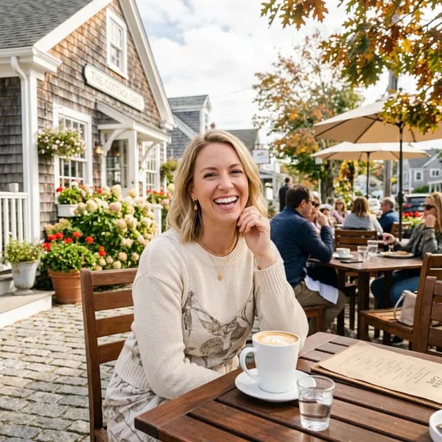 Woman with a bright smile seated at an outdoor cafe table, holding a coffee cup.