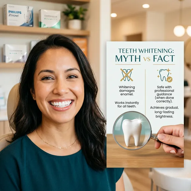Woman smiling in a dental office next to an infographic comparing teeth whitening myths versus facts with tooth illustrations.