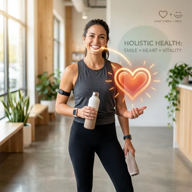 Smiling woman in athletic wear holding a water bottle in a bright corridor, with a glowing neon heart illustration and holistic health text overlay.