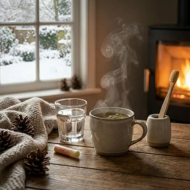 Cozy winter table setting with glass of water, steaming tea, toothbrush, and snowy landscape visible through window.