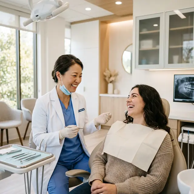 Smiling female dentist in white coat and blue scrubs consulting with patient in modern, bright dental office with overhead light and X-ray display visible.