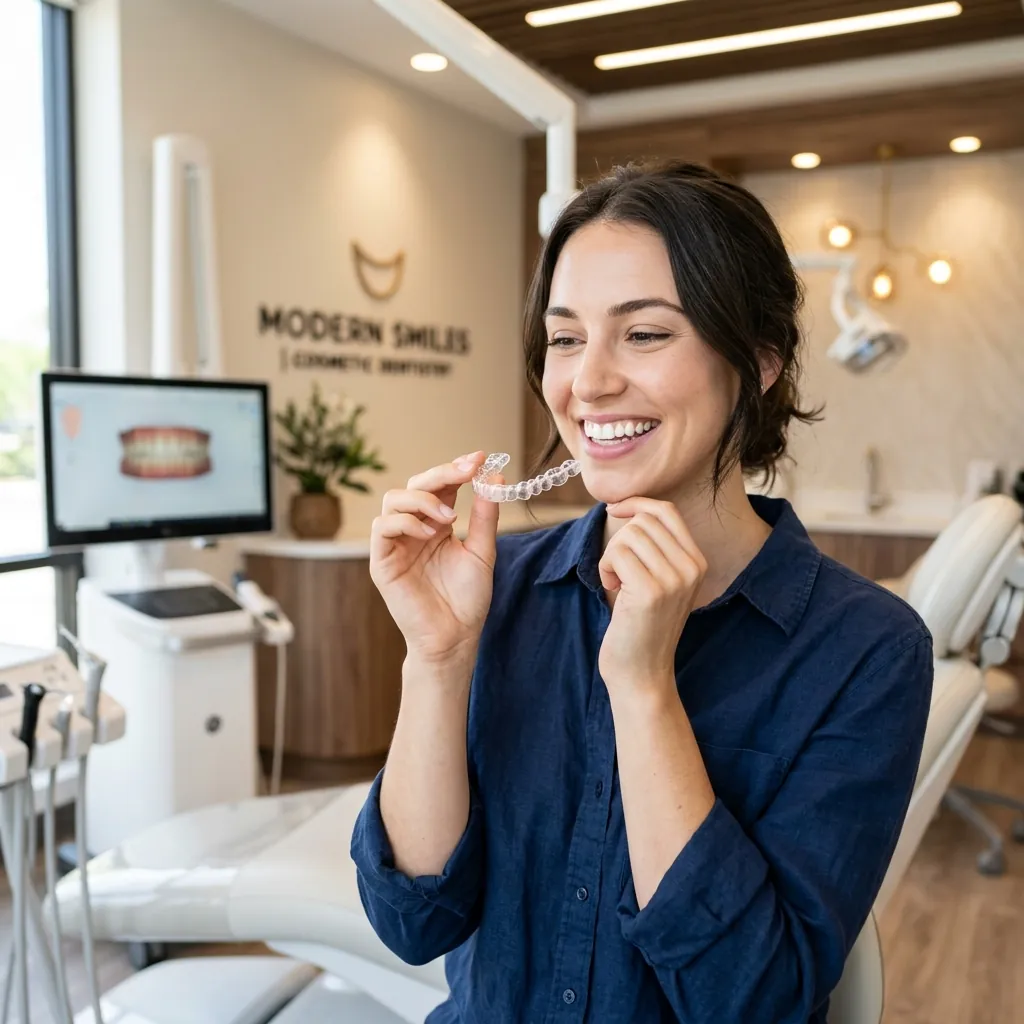 A young adult holding a transparent orthodontic clear aligner tray in their fingertips in a modern dental clinic setting.