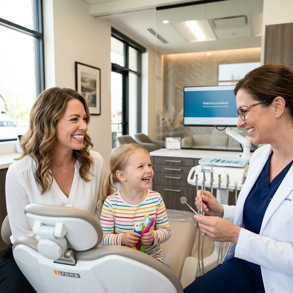 A beautifully smiling mother and her young child interacting happily with a friendly female dentist in a bright modern clinic.