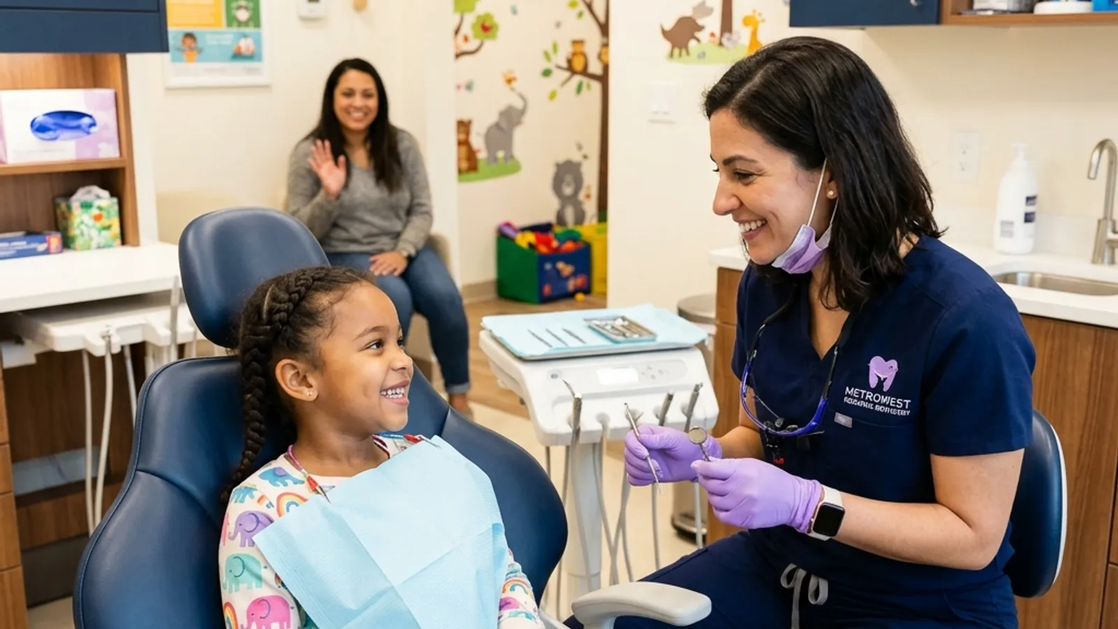 Child with braided hair smiling in blue dental chair wearing colorful patterned bib while dentist in purple gloves shows dental instruments during pediatric checkup.