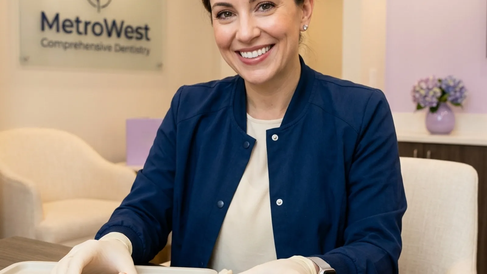 Smiling woman in navy blazer in a professional dental office with MetroWest Comprehensive Dentistry signage and purple flowers visible in the background.