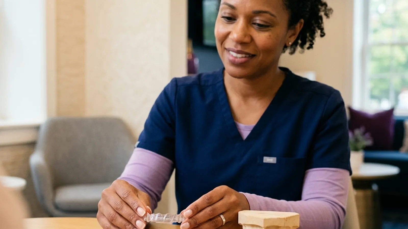 Dental professional in blue scrubs examining a clear plastic aligner in a clinical office setting.