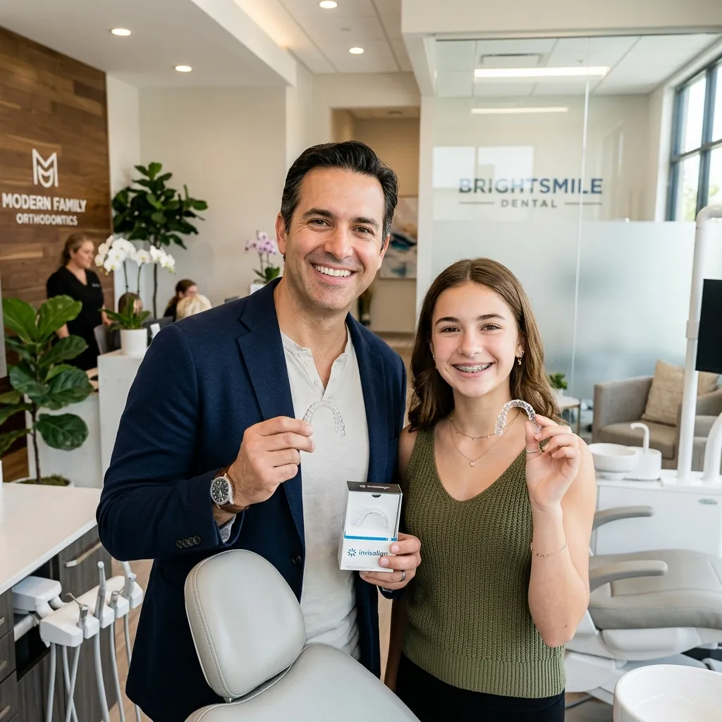 A smiling adult father and his teenage daughter both holding clear orthodontic aligner trays in a premium dental clinic.