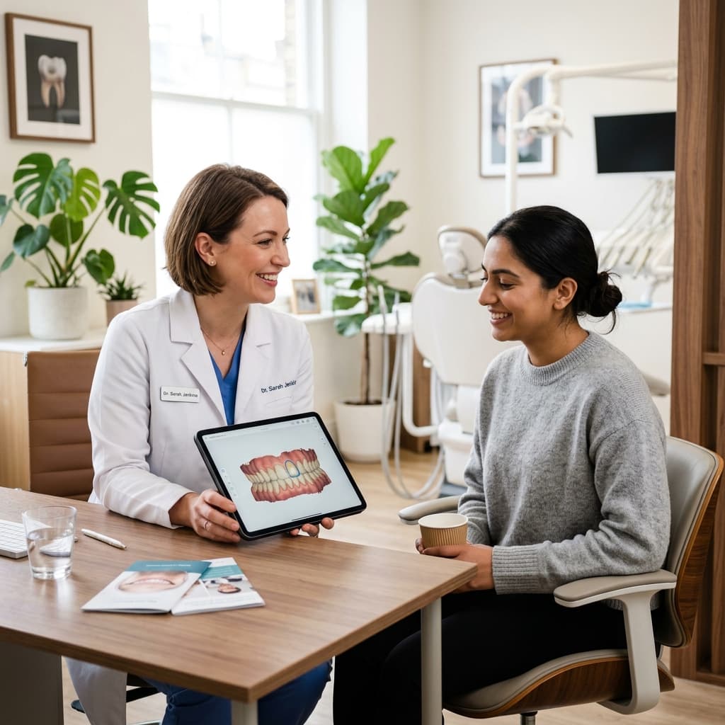 A friendly female dentist in a white coat sitting across from a relaxed patient in a bright, modern dental office, reviewing a 3D dental scan on a tablet together.