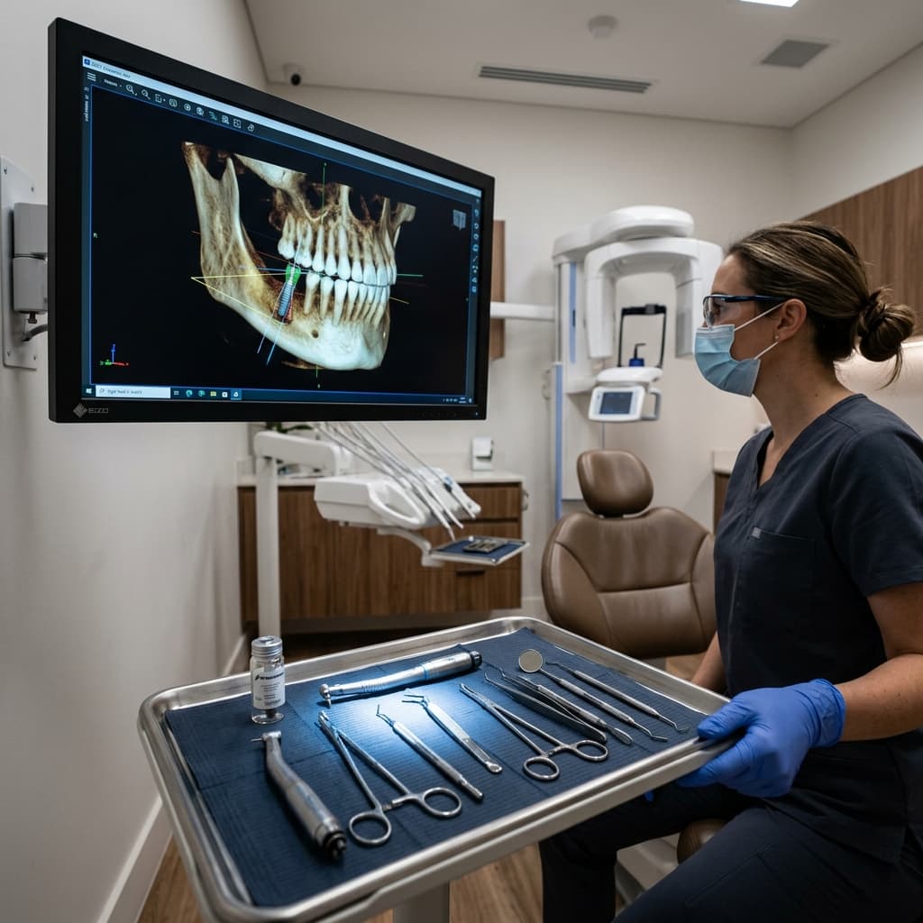 A female dental professional in a clinical setting reviewing a high-tech glowing 3D CBCT jaw scan on a monitor, with surgical instruments and a titanium implant laid out in the foreground.