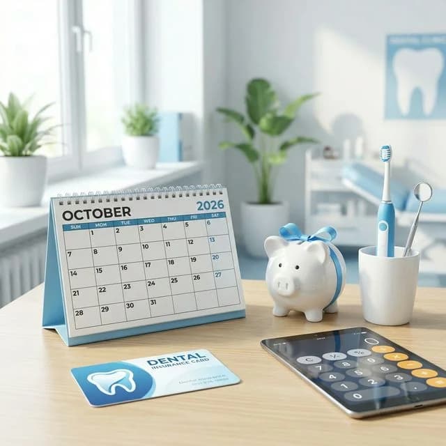A desk calendar showing December sits near a calculator, reminding patients to maximize dental insurance benefits before year-end.