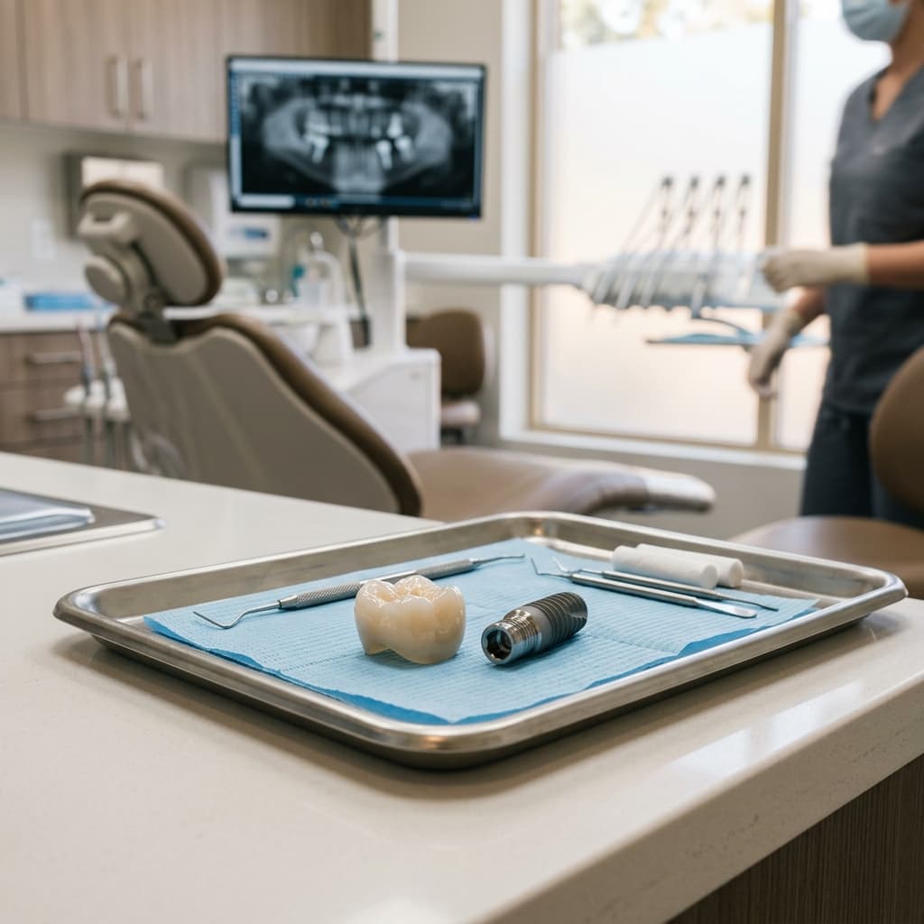 A single, beautifully crafted translucent dental crown resting on a sterile metal tray next to a sleek titanium implant post in a modern dental clinic.
