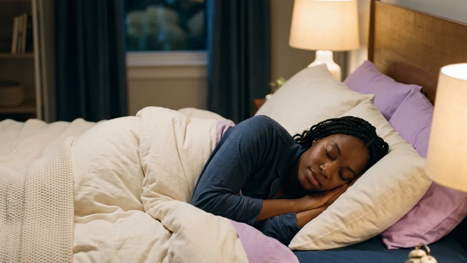 Woman sleeping peacefully on her side in soft morning light.
