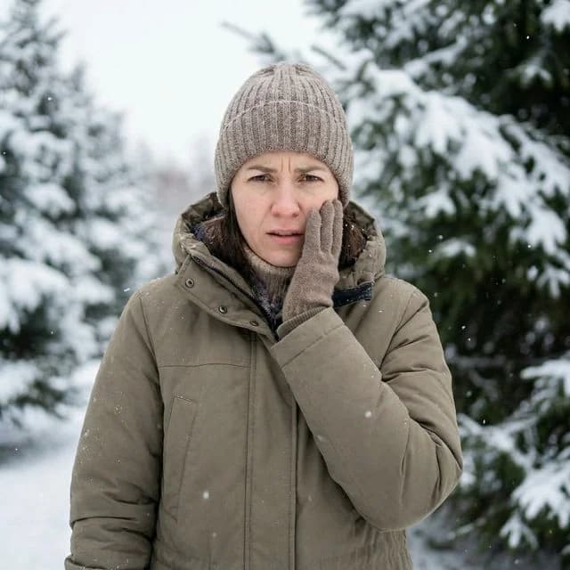 Person in winter coat and beanie touching jaw with a pained expression, surrounded by snow and evergreen trees.
